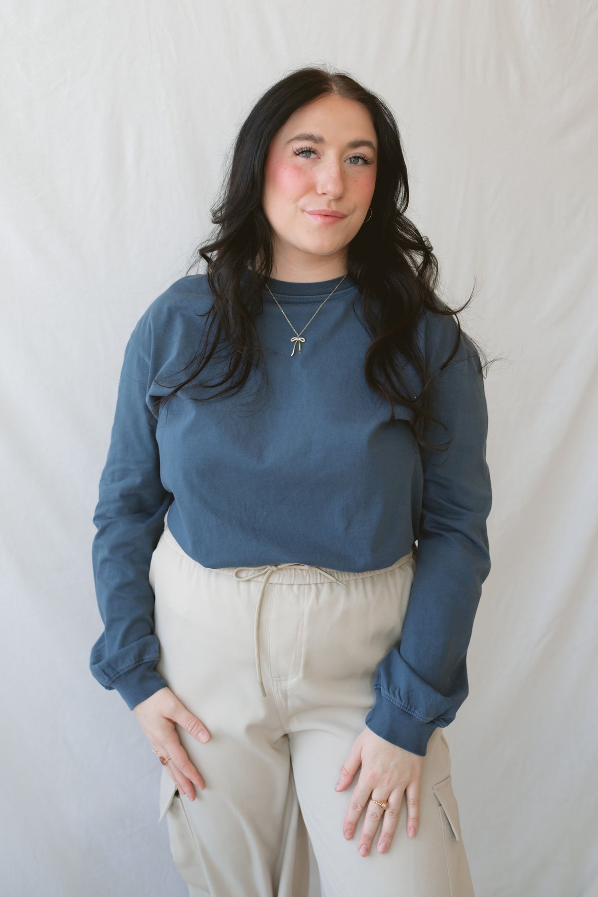 Sarah Navy Long Sleeve Garment Dye Tee for women, made from 100% cotton with a classic round neckline and casual garment-dyed finish.
